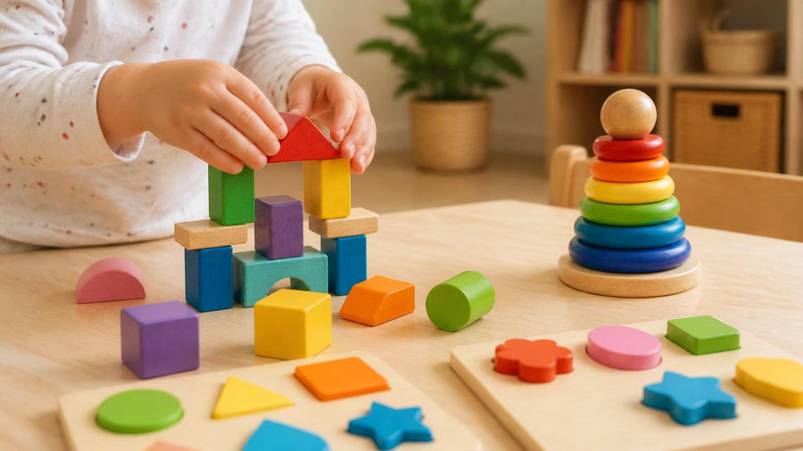 kind speelt met kleurrijke educatieve houten blokken 