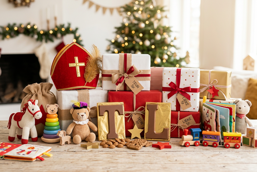 Sinterklaascadeaus voor kinderen, ingepakt naast houten speelgoed