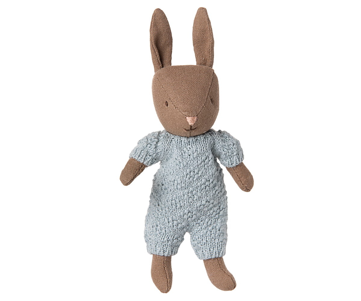 Maileg | Micro Brown and Blue Knitted Bunny Outfit
