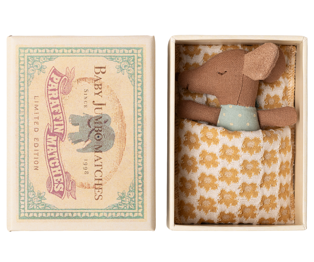 Maileg | Sleepy Waking Up Baby Mouse in a Small Blue Lucifer Box