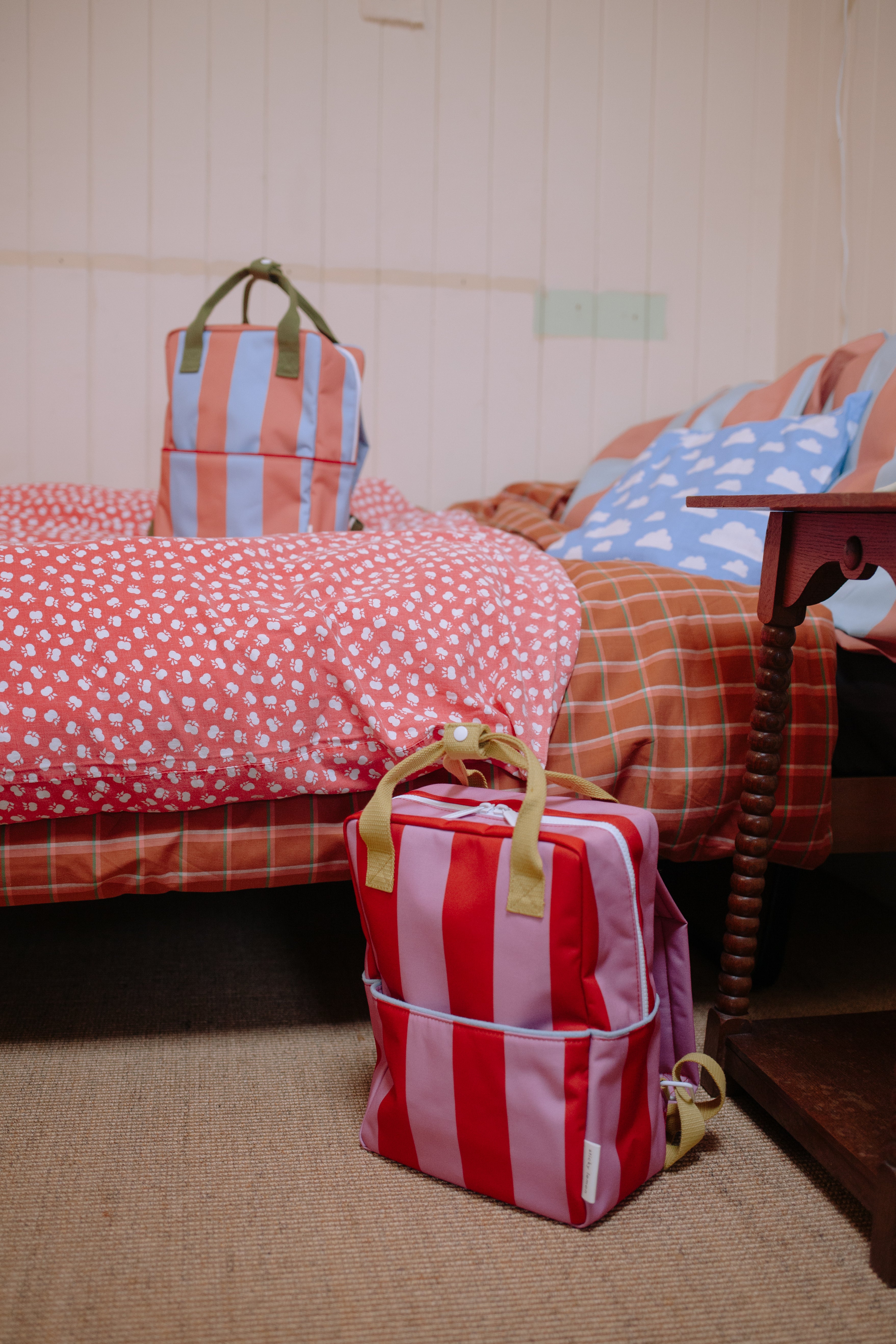 Sticky Lemon | backpack medium lemon tree stripes red apple + rosebay pink