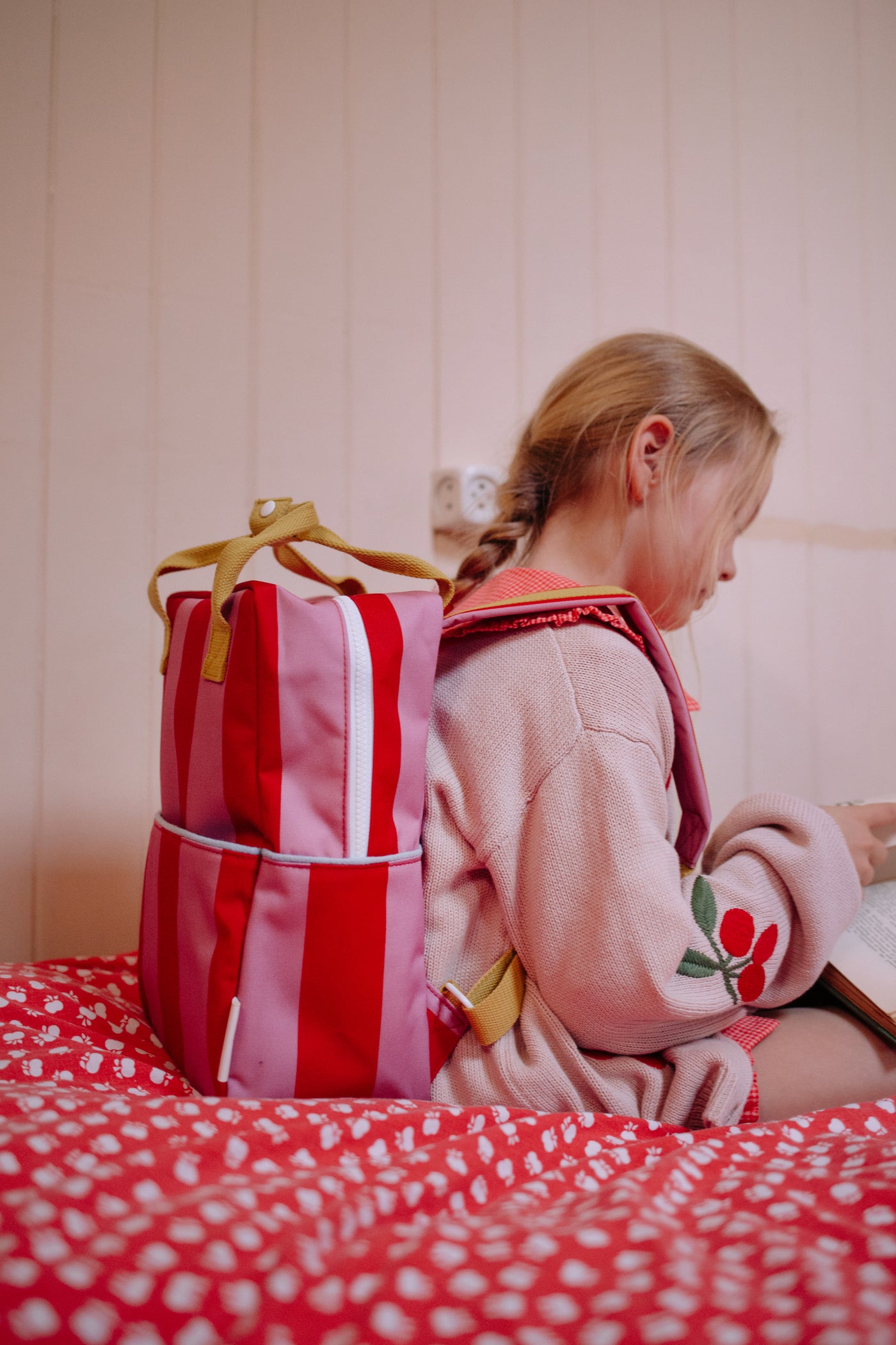 Sticky Lemon | backpack medium lemon tree stripes red apple + rosebay pink