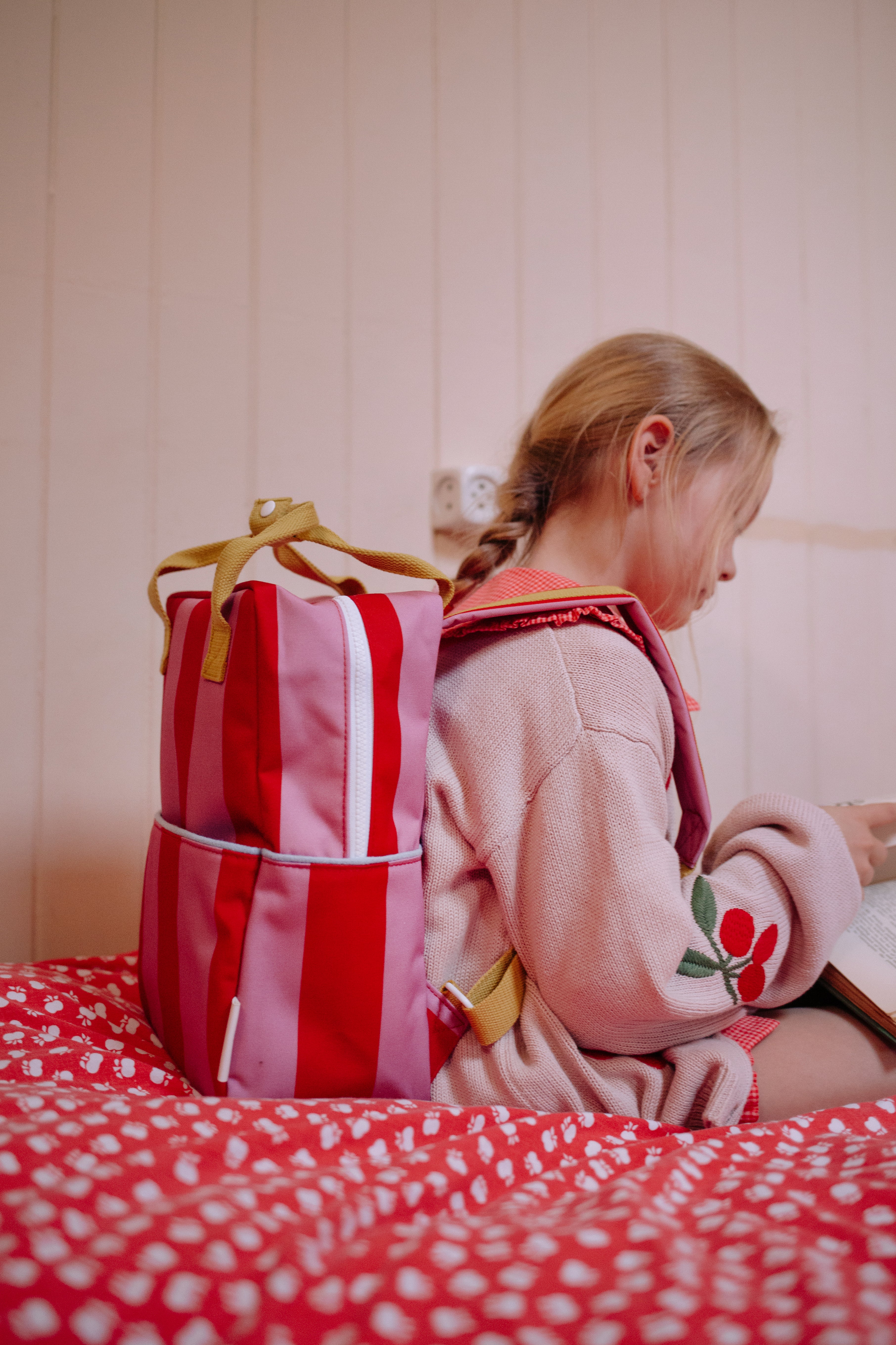 Sticky Lemon | backpack medium lemon tree stripes red apple + rosebay pink