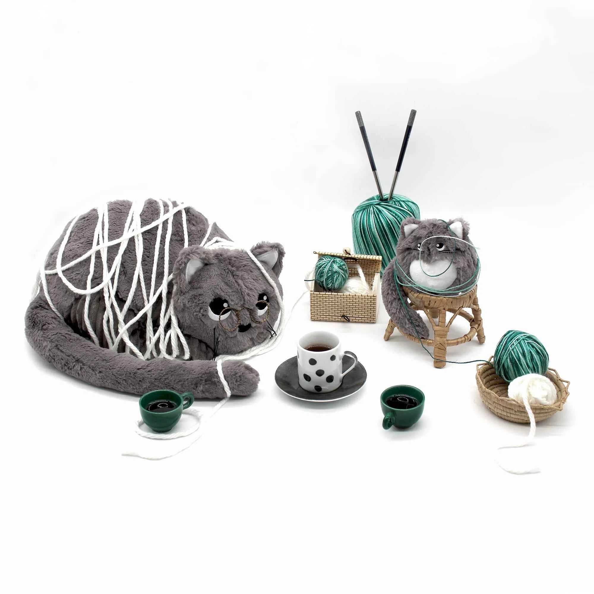 Les Déglingos | Les Ptipotos - Miaou the Cat Plush Cuddly Toy: Mother and Her Mint Green Baby