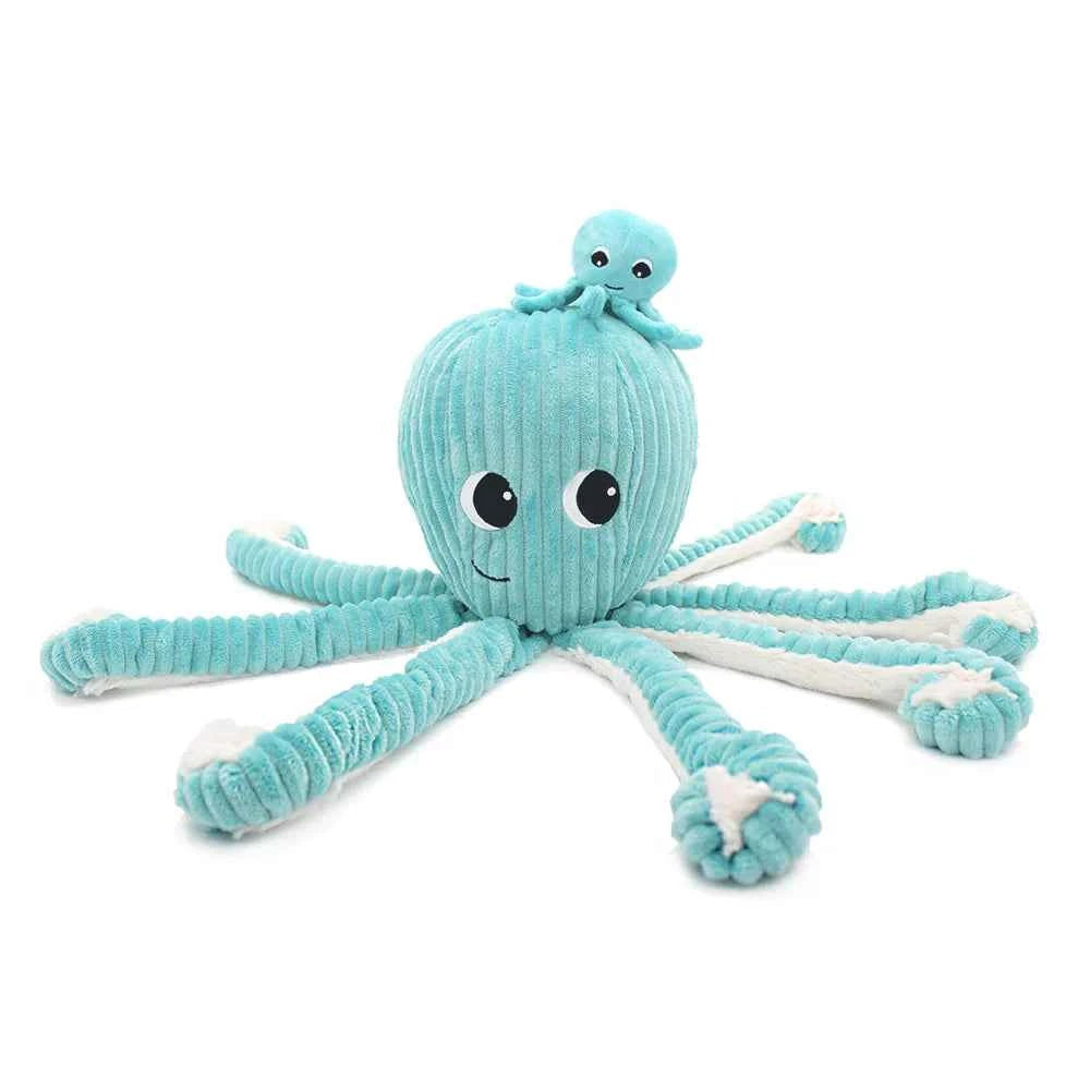 Les Déglingos | Les Ptipotos - Cuddly Fleece Filou the Octopus Mother and Her Baby Aqua Blue