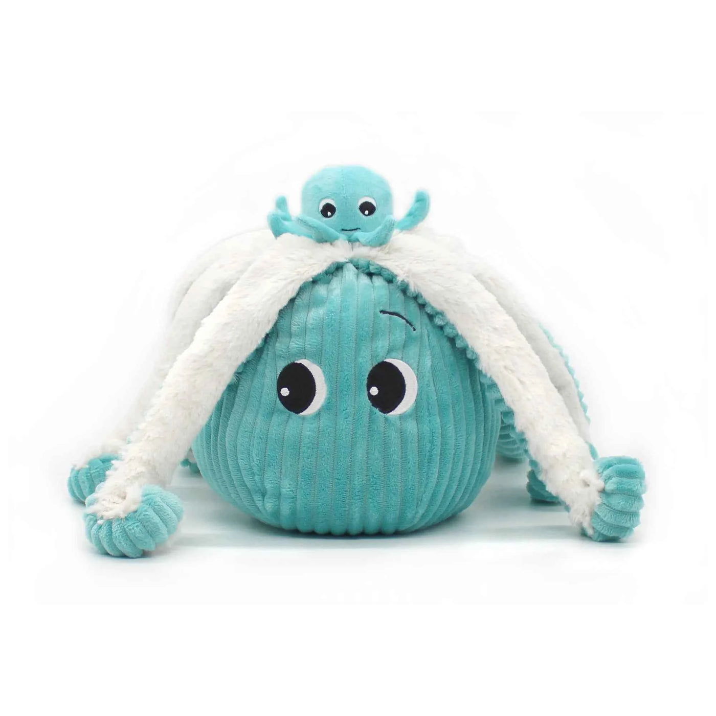 Les Déglingos | Les Ptipotos - Plush Cuddly Filou the Octopus Mom and Her Baby, Aqua Blue