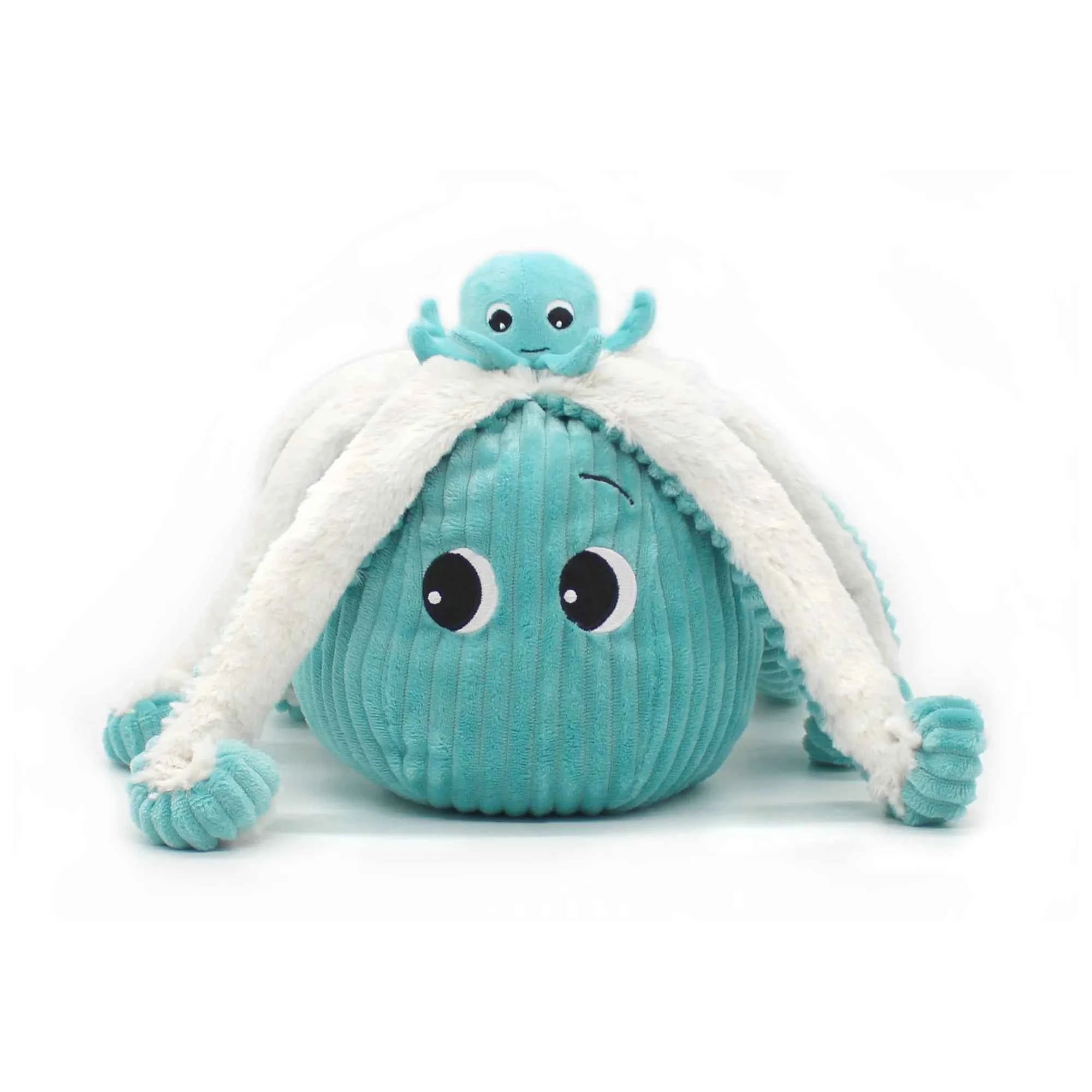 Les Déglingos | Les Ptipotos - Plush Cuddly Filou the Octopus Mom and Her Baby, Aqua Blue