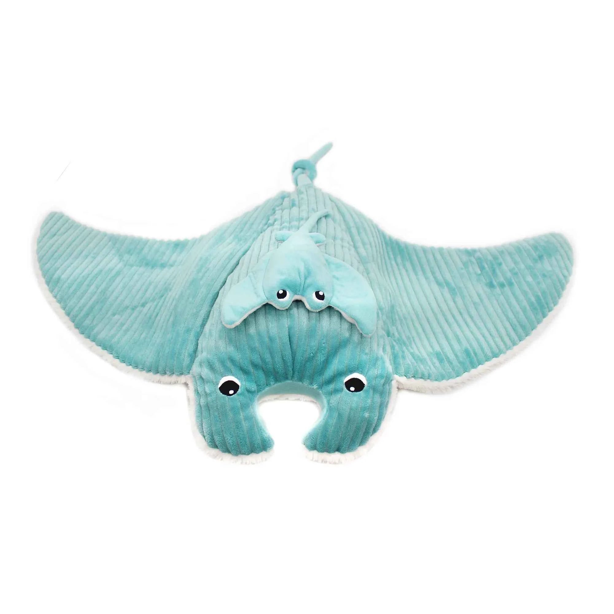 Les Déglingos | Les Ptipotos - Plush Cuddle Mantalou Blanket: Mantarog Mother and Her Baby, Aqua Blue