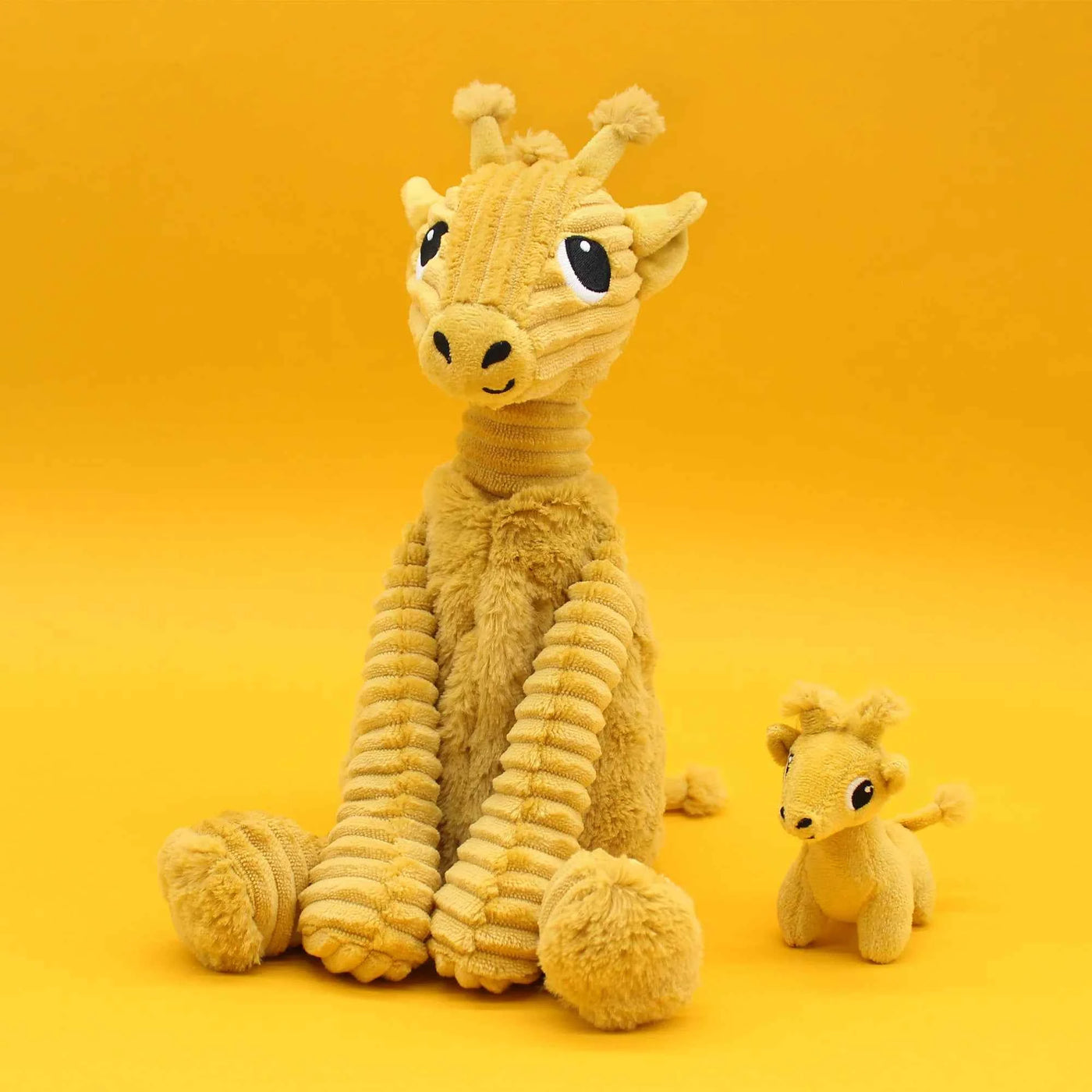 Les Déglingos | Les Ptipotos - Plush Cuddly Loncou Mustard-Yellow Giraffe Mother and Her Baby