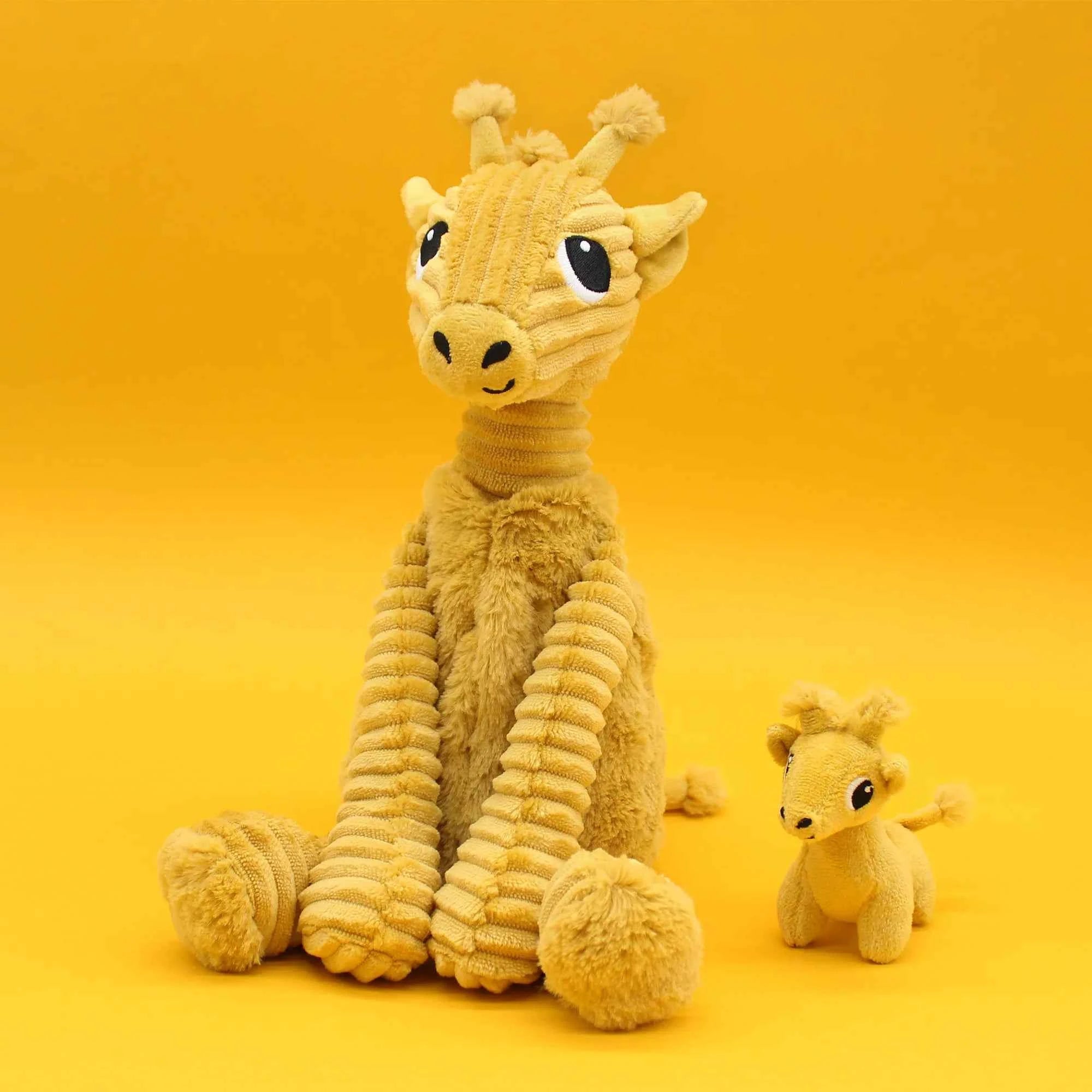 Les Déglingos | Les Ptipotos - Plush Cuddly Loncou Mustard-Yellow Giraffe Mother and Her Baby