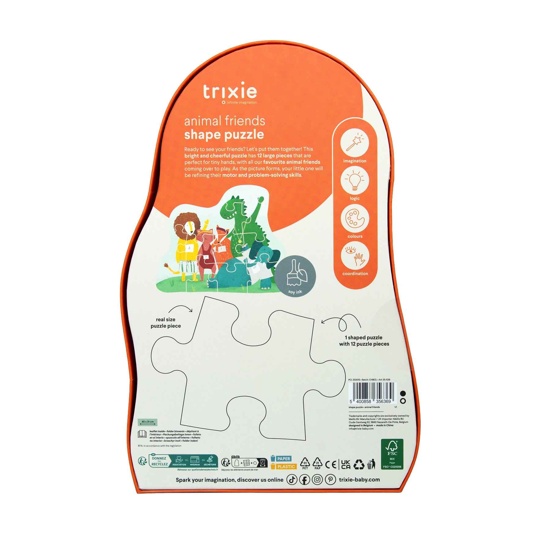 Trixie |  Vormenpuzzel - Dierenvrienden - 12 stuks