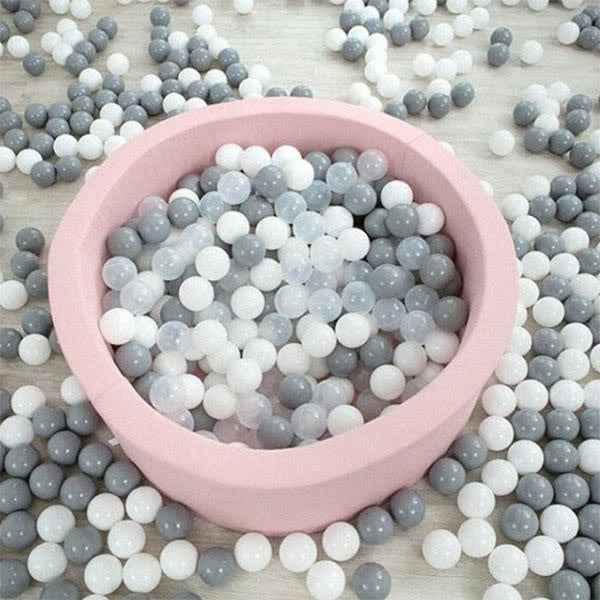 Round pink ball pit - includes 200 baby pink, white, pearl, grey, and silver balls