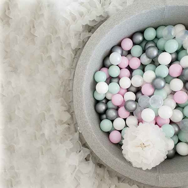Ballenbad grijs 200 ballen wit-transparant-zilver-mint-pastel roze