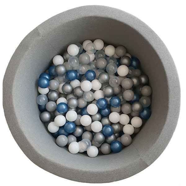 Grey ball pit including 200 white, pearl grey, silver-metallic and blue balls