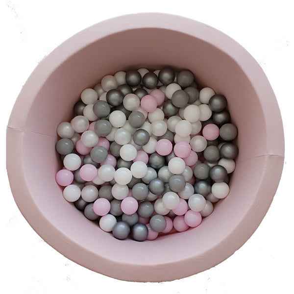 Round pink ball pit - includes 200 baby pink, white, pearl, gray, and silver balls