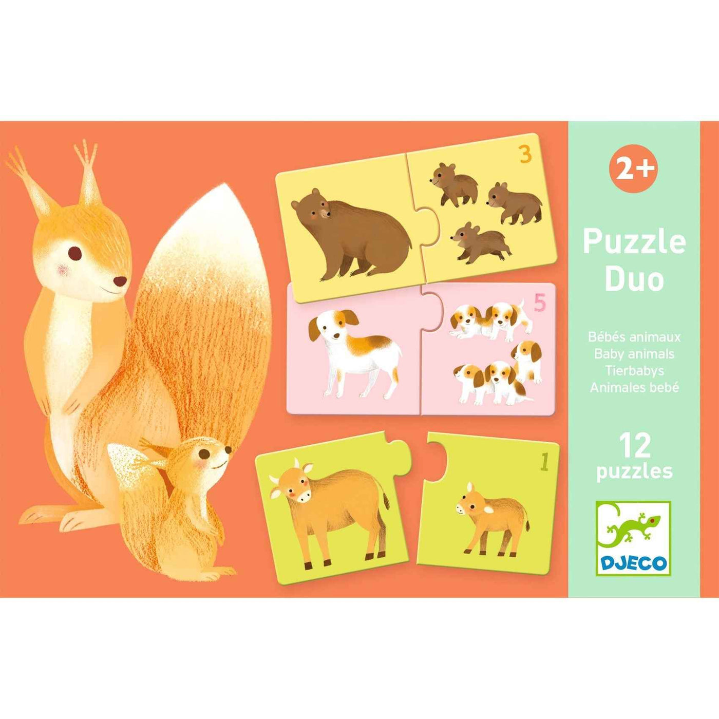 Djeco baby animal duo puzzle, 2 sets of 12 pieces each