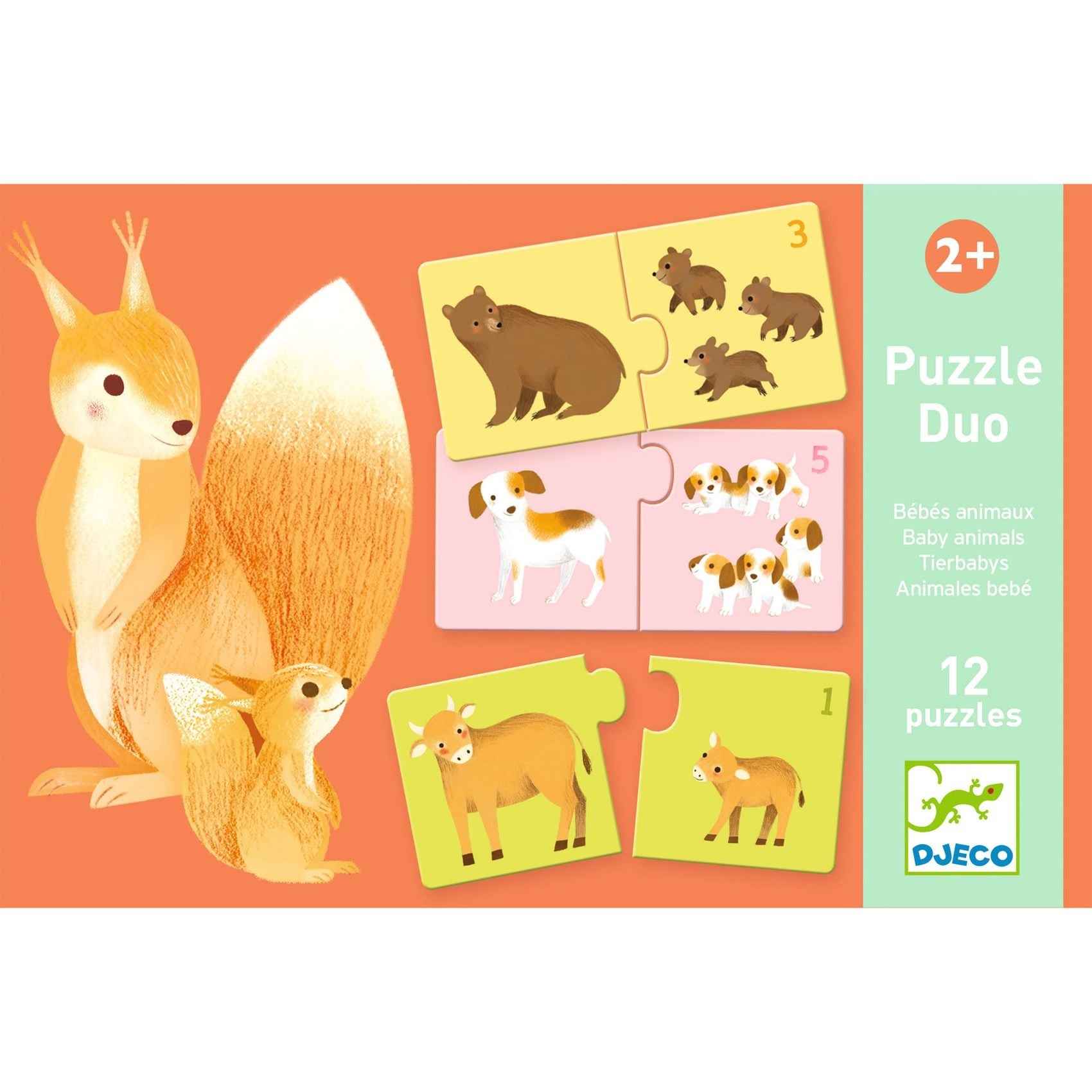 Djeco baby animal duo puzzle, 2 sets of 12 pieces each