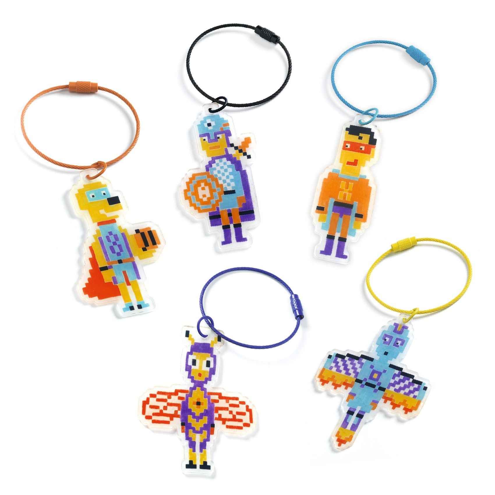 Djeco | Do It Yourself 5 Shrink Film Keychains to Make Pixel Art Heroes