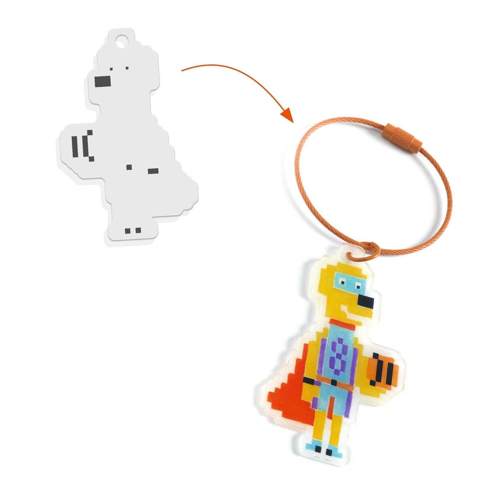 Djeco | Do It Yourself 5 Shrink Film Keychains to Make Pixel Art Heroes