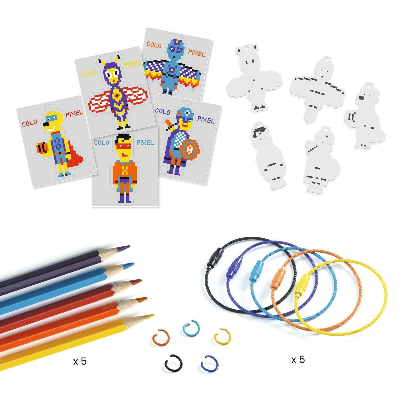 Djeco | Do It Yourself 5 Shrink Film Keychains to Make: Pixel Art Heroes