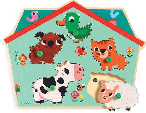 Djeco | Ouaf Woof Puzzle - Wooden Sound Farm