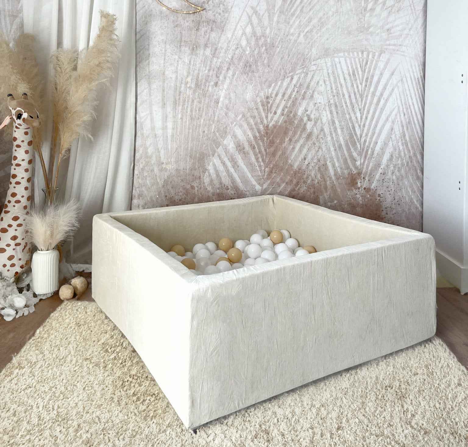 Moje | Vierkant Ballenbad Soft Velvet - Ecru 106x106x40 cm + Ballen