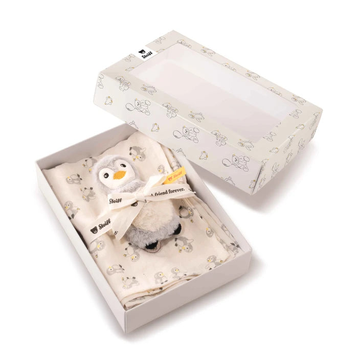 Steiff | Lio penguin grip toy with rattle and burp cloth gift set