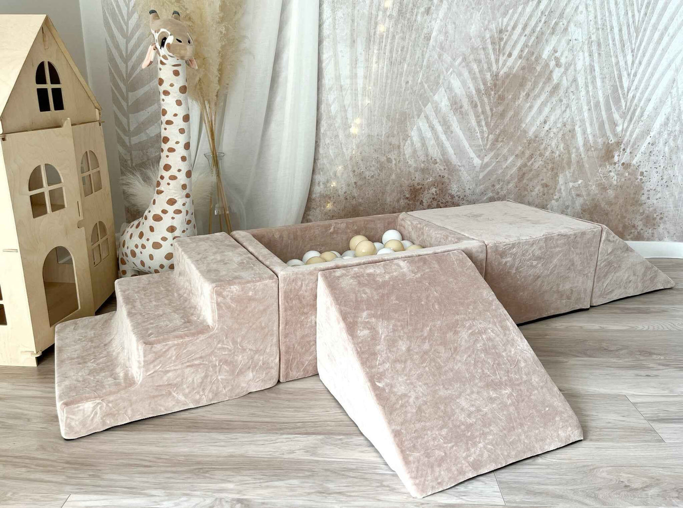 Moje | 4 elementen + Ballenbad - Soft Velvet Dark Beige 65x35x30 cm + 100 Ballen
