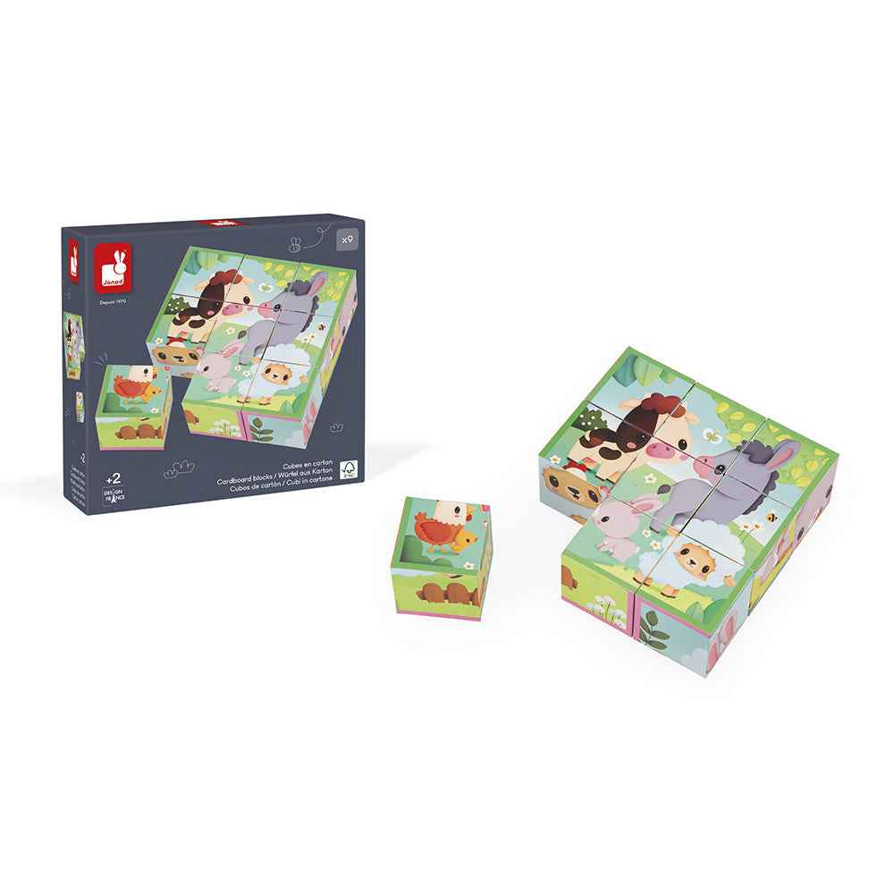 Janod | 9 Cardboard Blocks with Farm Animals