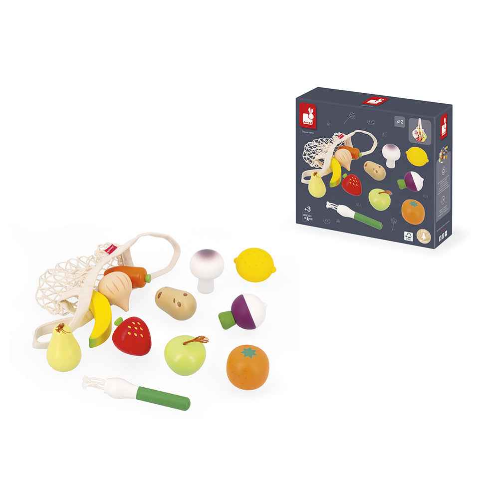 Janod | Set of 12 Fruits and Vegetables Shiny Mesh Grandma