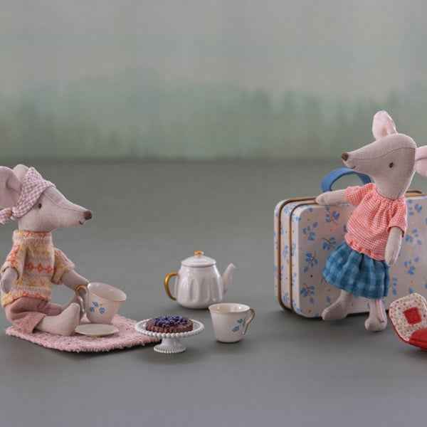 Maileg Blue Madelaine tea set in a small suitcase
